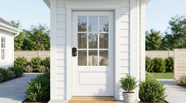 Veise biometric fingerprint smart lock on a white nine-pane glass front door — types pros and cons of biometric door locks