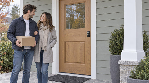 Couple with a delivery box beside an oak front door with a KS02A keypad deadbolt - Black Friday smart lock upgrade