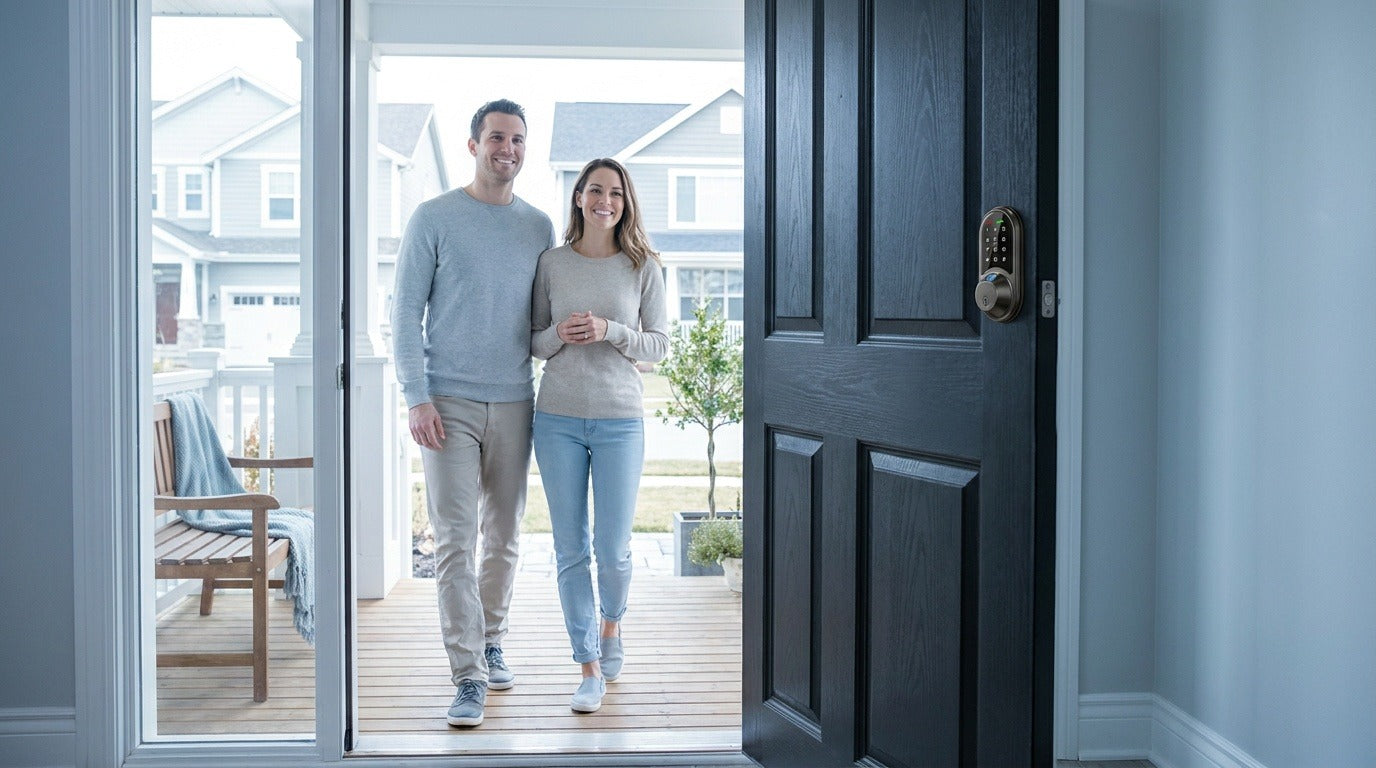 Smiling couple walking into their home through a black front door with a fingerprint smart deadbolt — secure keyless entry
