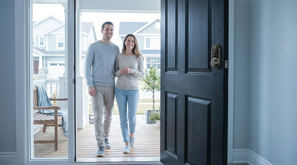 Smiling couple walking into their home through a black front door with a fingerprint smart deadbolt — secure keyless entry