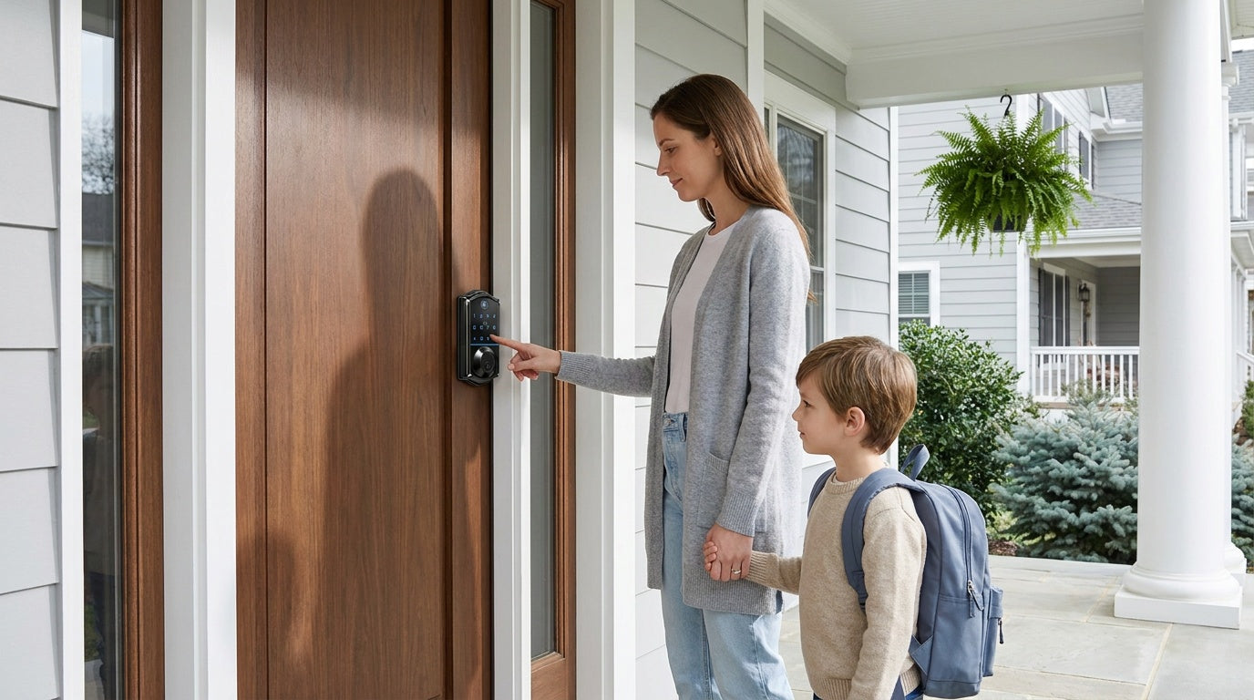 Mom and child using a fingerprint smart lock at a walnut front door — secure keyless entry and home security
