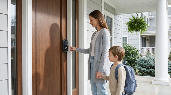Mom and child using a fingerprint smart lock at a walnut front door — secure keyless entry and home security