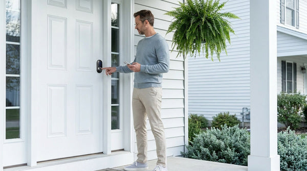 Man with smartphone presses keypad on white door with Veise smart lock — how to change your keypad door lock code