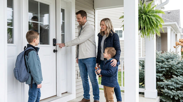 Family arriving home using a fingerprint smart lock at a white front door — keyless entry home security