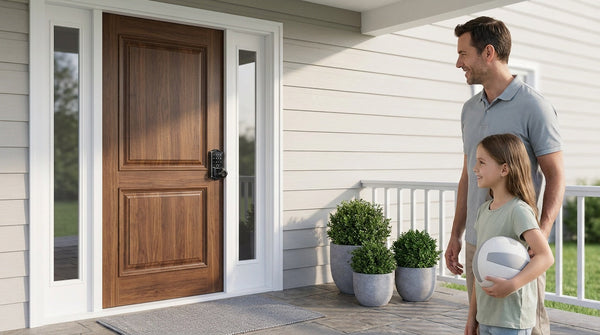 Dad and daughter at a walnut door with a Veise keypad smart lock — combination code entry for the family