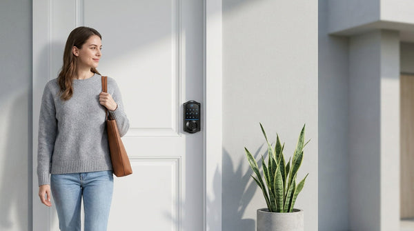Woman with a tote at a white condo door with a Veise fingerprint smart deadbolt — HOA-friendly keyless entry