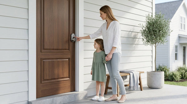 Mom and young daughter at walnut wood front door with Veise keypad deadbolt — DIY deadbolt install guide for homes