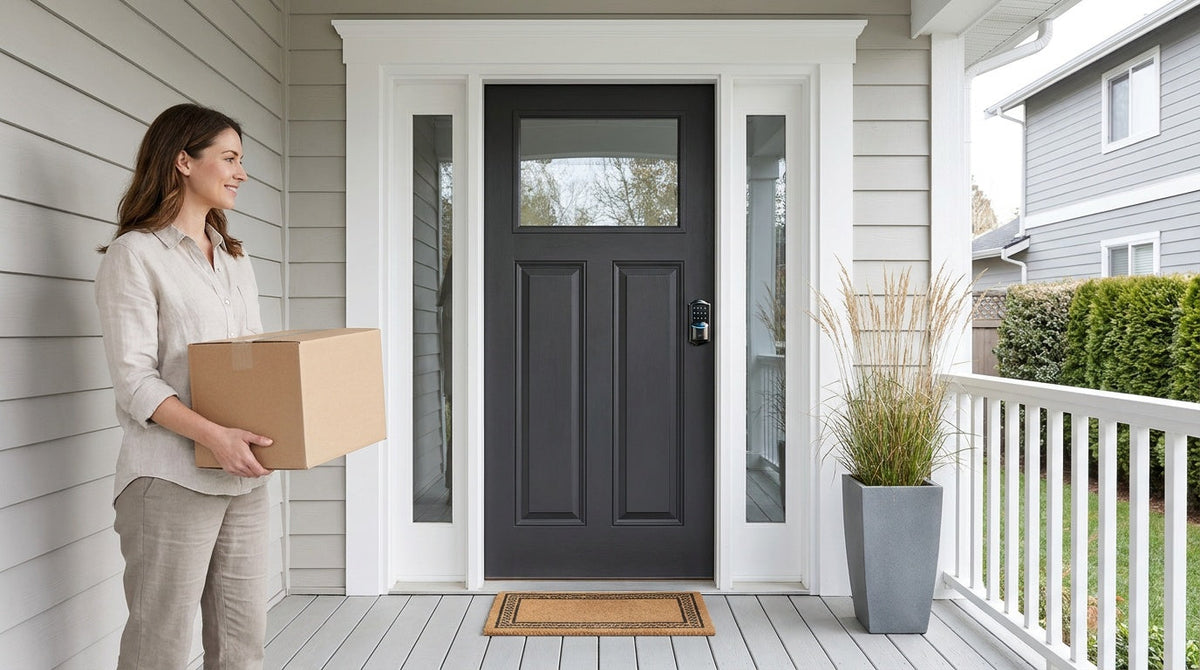New homeowner at a black-grey front door fitted with a VE027 digital keypad door lock - keyless entry, home security