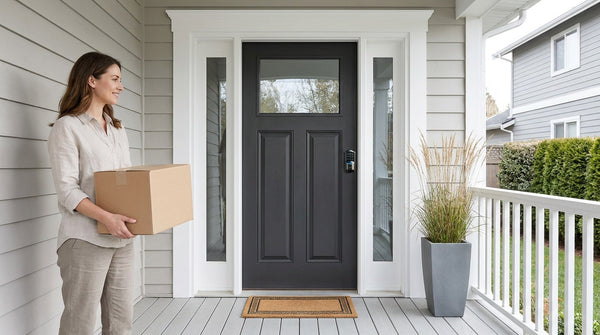 New homeowner at a black-grey front door fitted with a VE027 digital keypad door lock - keyless entry, home security