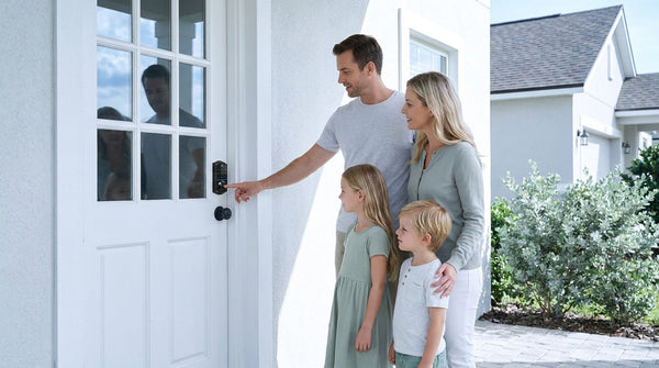 Family using a fingerprint smart lock at a white front door — keyless entry and DIY home security for the household