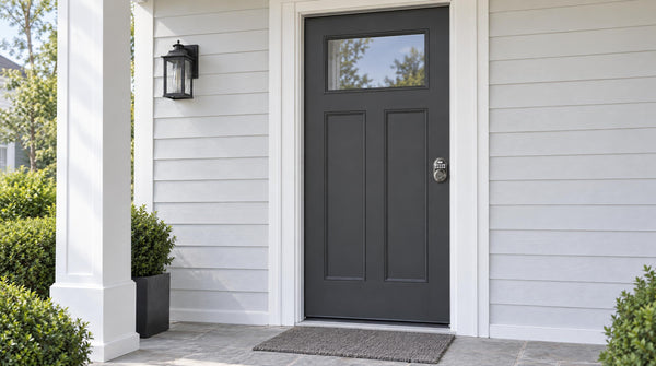 Charcoal front door with a satin nickel RZ-A keypad deadbolt - door hardware finishes to match locks to your home