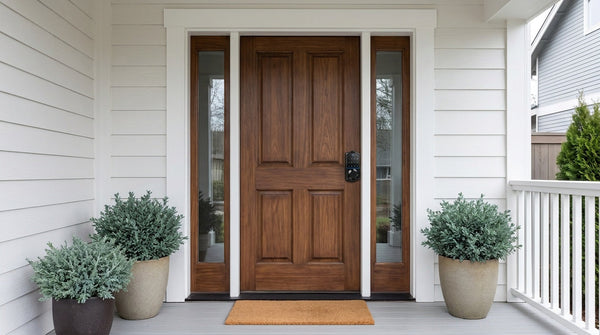 Walnut front door with a VE017 keypad smart deadbolt fitted at the correct backset - keyless entry, home security