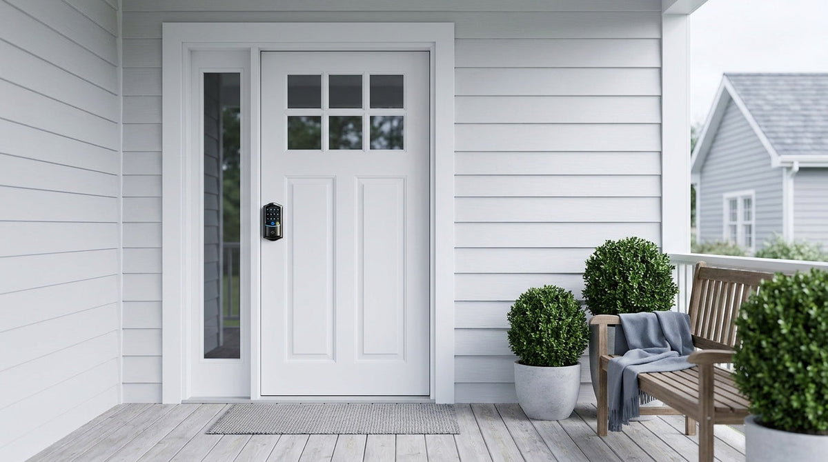 White front door fitted with a Veise Wi-Fi keypad smart deadbolt — deadbolt parts and keyless entry explained