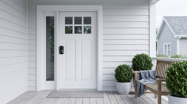 White front door fitted with a Veise Wi-Fi keypad smart deadbolt — deadbolt parts and keyless entry explained
