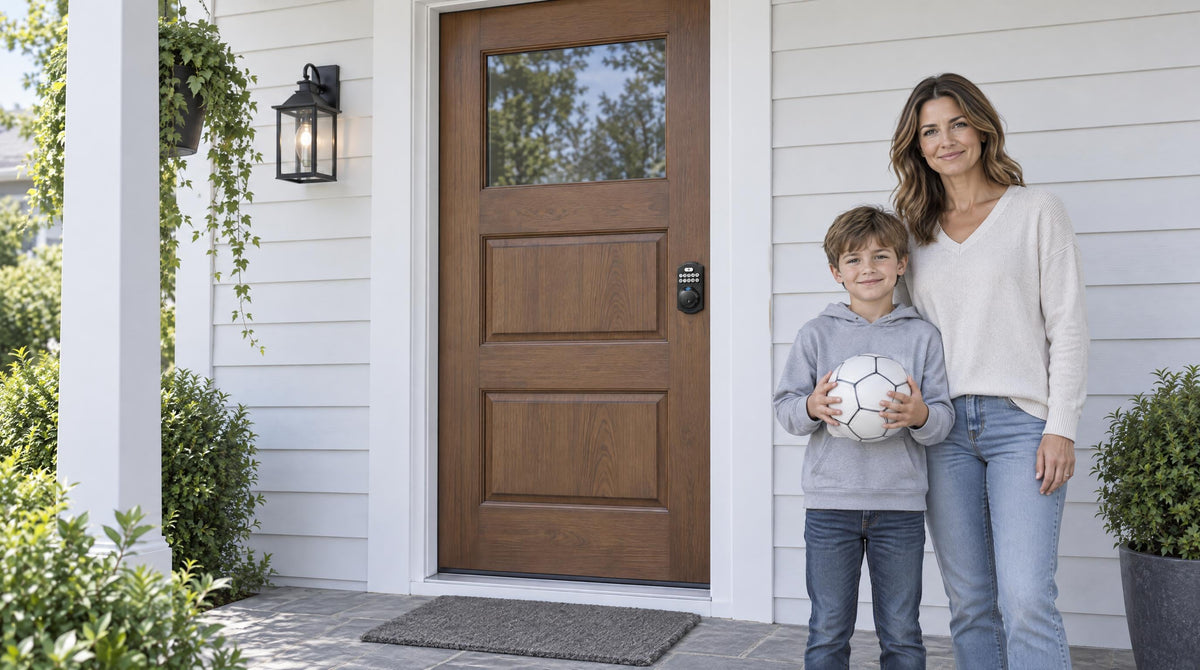 Mother and son at a walnut front door with a KS02A keypad fingerprint deadbolt - door locks with keypads for keyless entry