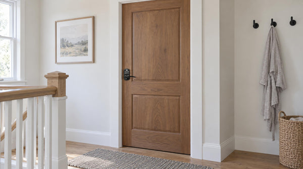 KS04 keypad lever lock with key cylinder on a walnut bedroom door - door locks with keys for bedrooms