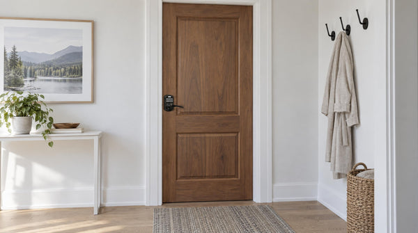 KS04 keypad lever lock with key cylinder on a walnut bedroom door - door locks with keys for bedrooms