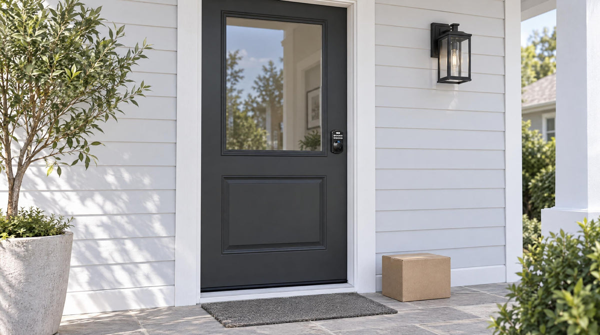 Charcoal front door with a KS02A keypad fingerprint deadbolt and a package on the porch - door reinforcement basics