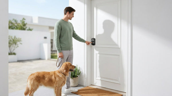 Man with dog using fingerprint electronic deadbolt at white front door — keyless entry guide for choosing a lock