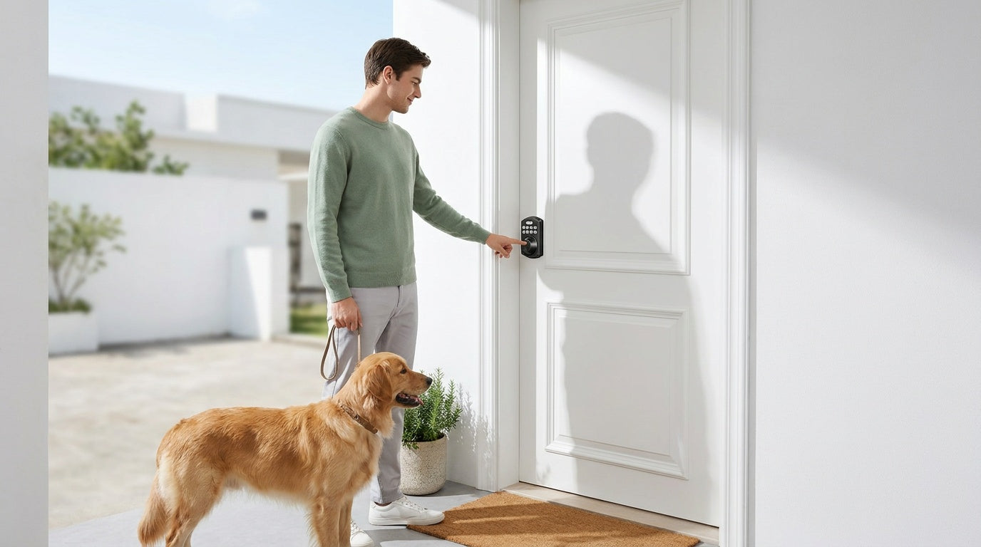 Man with dog using fingerprint electronic deadbolt at white front door — keyless entry guide for choosing a lock