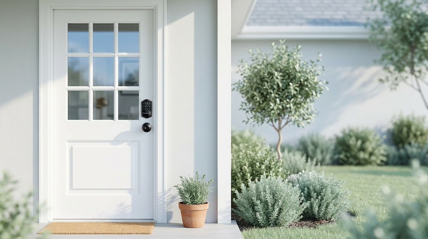 White 9-pane glass front door with Veise Wi-Fi smart lock — electronic deadbolt comparison guide for keyless entry