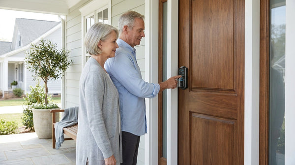 Retiree couple entering a code on an electronic keypad deadbolt at a walnut front door — keyless entry security