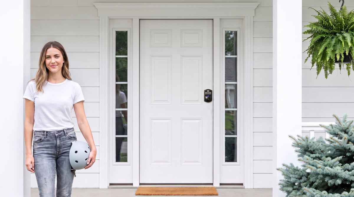 Woman home from a bike ride at a white front door with a KS02A electronic keypad deadbolt - keyless entry