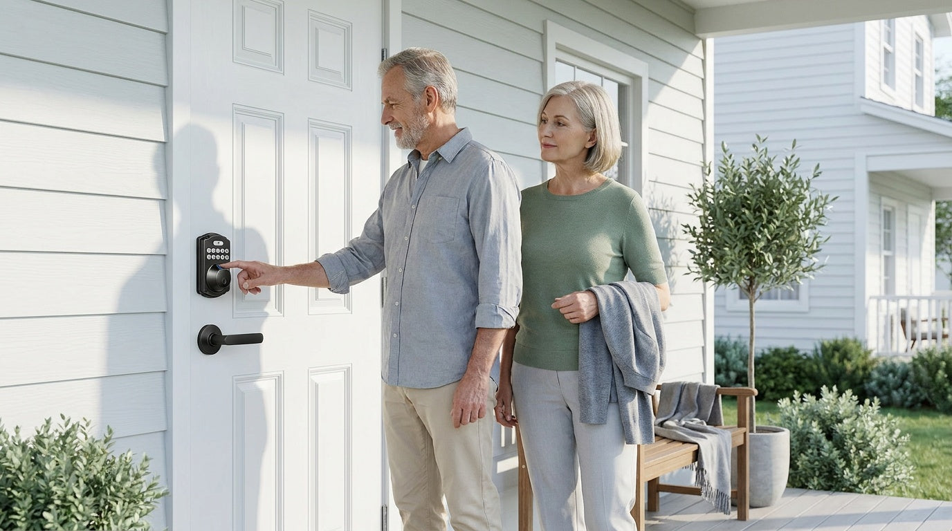 Retiree couple at white front door with Veise keypad deadbolt and lever handleset — entry door lock set buyer's guide