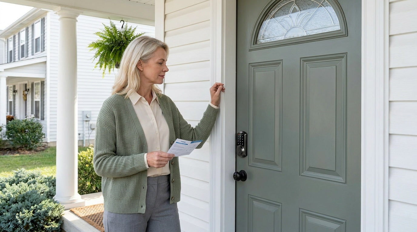 Woman with paper instructions resets Veise smart lock on grey-green door — how to factory reset a smart lock