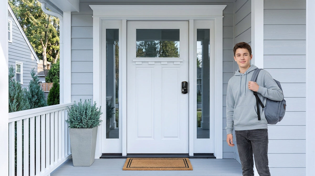 Teen at a white front door with a VE07 fingerprint deadbolt - fingerprint padlock vs deadbolt for keyless entry