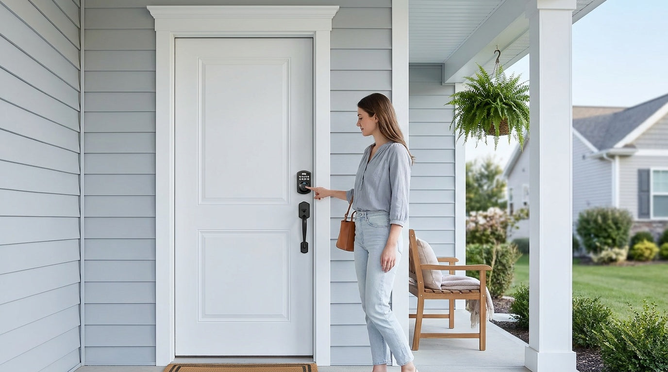 Woman using fingerprint keypad deadbolt at white front door — fingerprint vs keypad deadbolt comparison and security guide