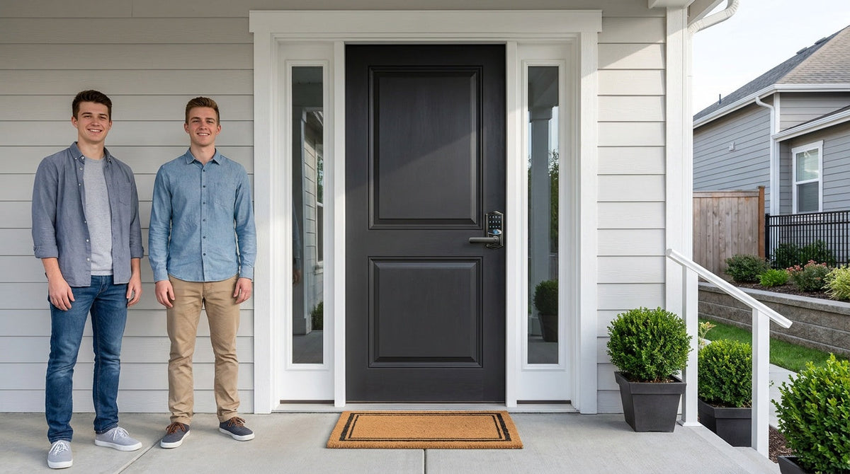 New roommates at a black front door with a VE029 Wi-Fi keypad lever lock - first-week home security checklist