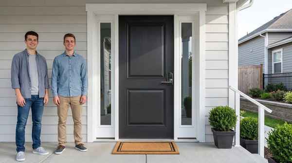 New roommates at a black front door with a VE029 Wi-Fi keypad lever lock - first-week home security checklist