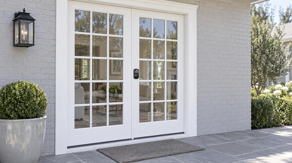 White French doors fitted with a KS02A keypad fingerprint deadbolt - smart lock for French doors and keyless patio entry