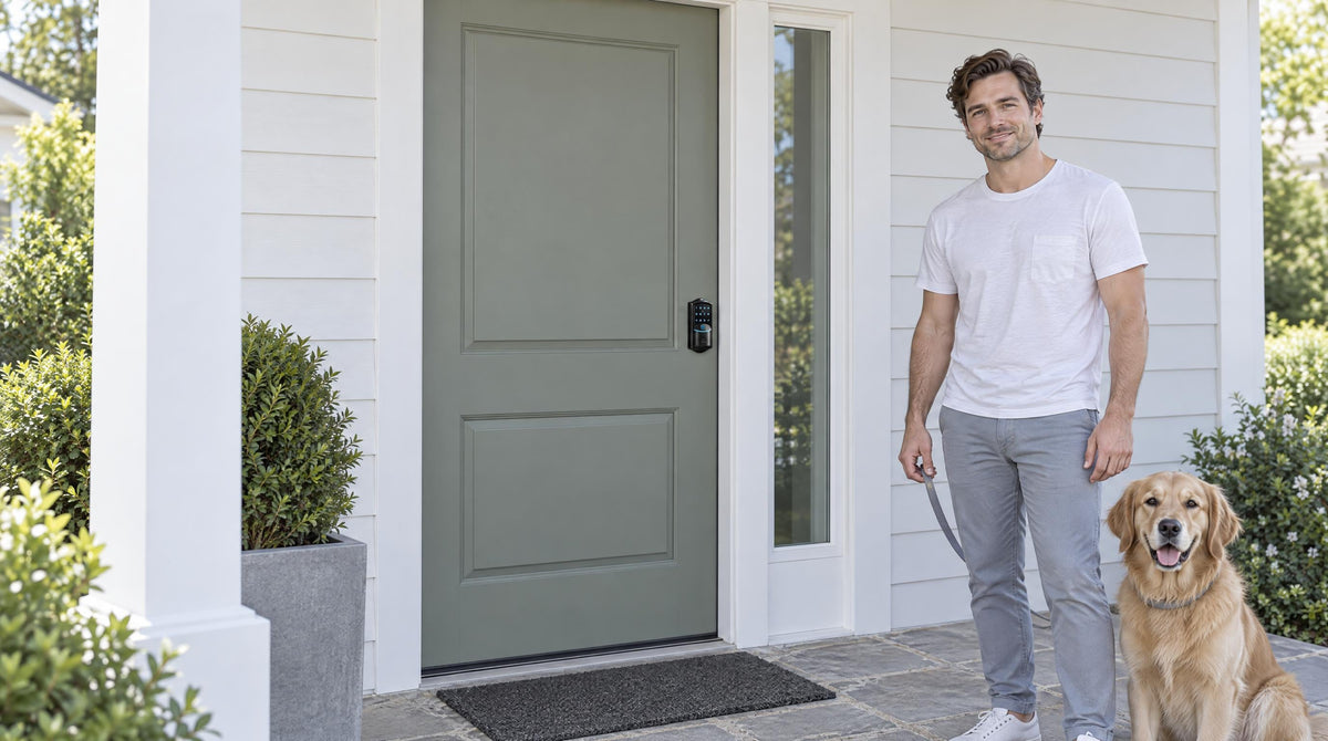 Man with his dog at a grey-green front door with a VE027 Wi-Fi keypad deadbolt - front door keypad lock for keyless entry