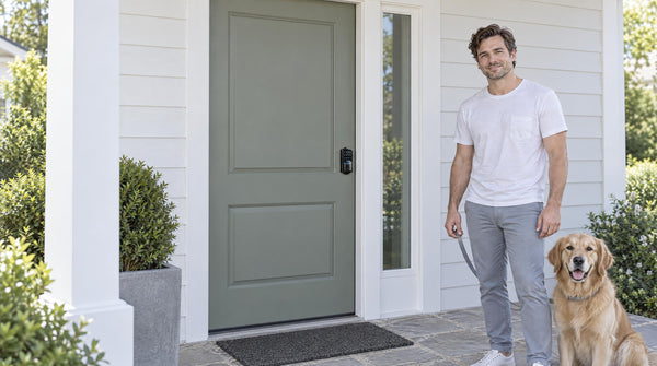 Man with his dog at a grey-green front door with a VE027 Wi-Fi keypad deadbolt - front door keypad lock for keyless entry