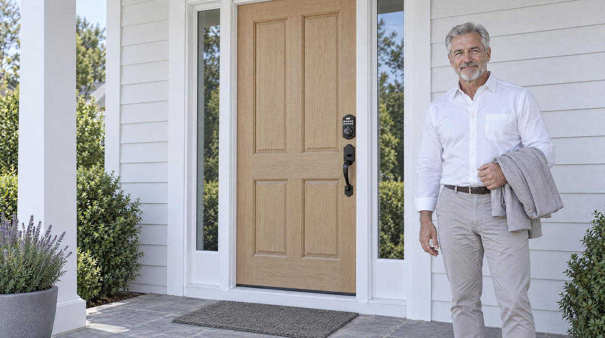 Man at an oak front door with a KS02A keypad fingerprint deadbolt and grip handleset - front door lock sets explained
