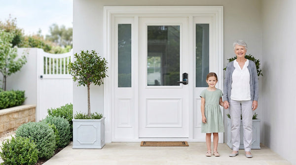Grandmother and child at a white front door with a VE029 keypad lever lock - front door lock types, keyless entry
