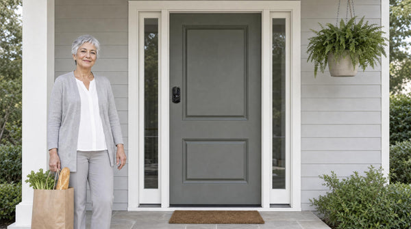 Woman with groceries at a grey-green front door with a VE07 fingerprint deadbolt - keypad front door lock