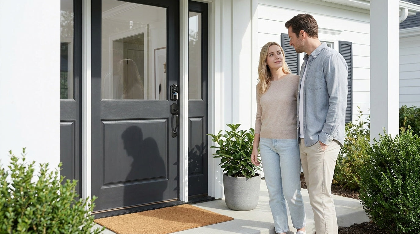 Couple at black-grey front door with Veise Wi-Fi smart lock — front door smart lock buyer's guide for keyless entry