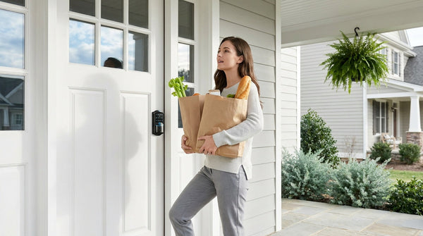 Woman holding groceries at a white front door with a Wi-Fi smart lock — Google Home voice control and keyless entry