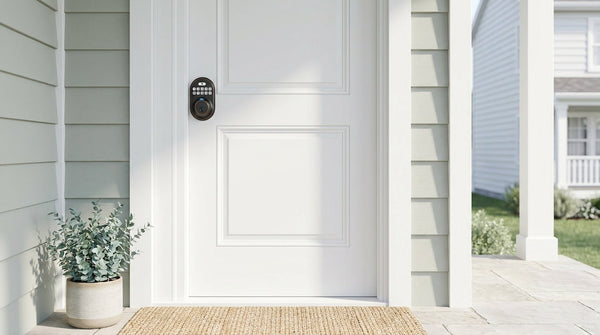 Keypad smart deadbolt installed on a white front door — keyless entry and home security checklist for the house