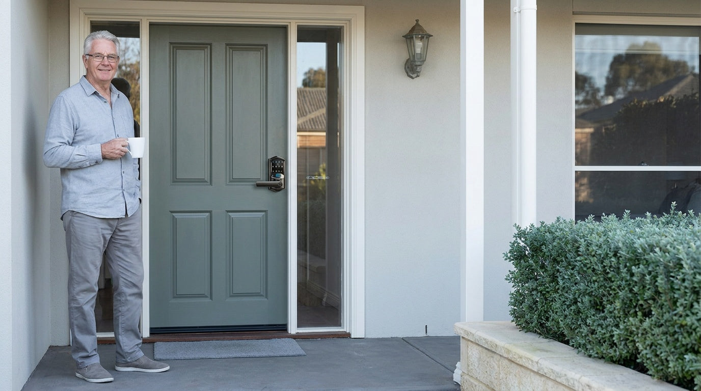 Senior man at his front door with a Veise smart lever lock — keyless entry and auto lock for home security