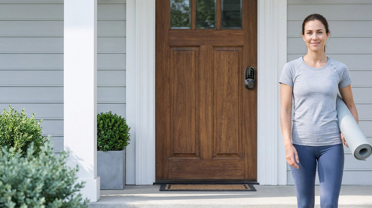 Woman at a walnut front door with an RZ07 fingerprint smart lock - how a smart lock works for keyless home entry
