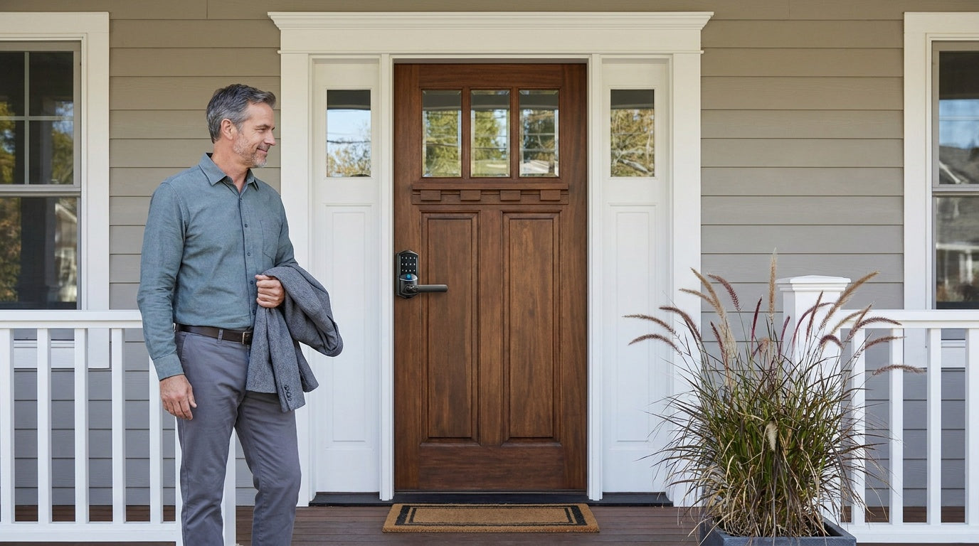 Homeowner at a walnut front door with a Veise keypad lever smart lock — DIY install, no locksmith needed