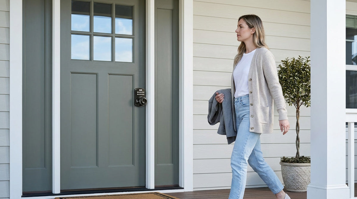 Woman arriving at a grey-green front door with a Veise keypad smart lock — affordable keyless entry security
