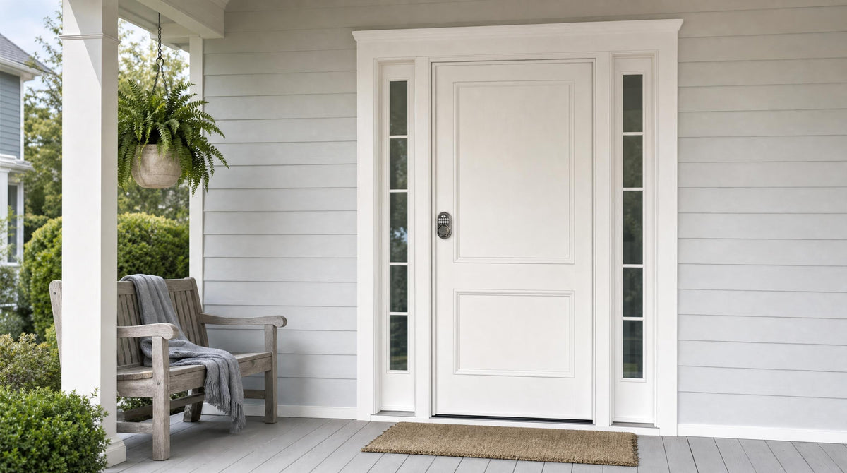Satin nickel keypad deadbolt installed on a white front door - how to install a keyless entry door lock