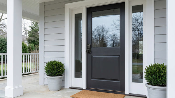 Black-grey front door with a Veise keypad smart lock and knob — keyless entry that prevents lockouts