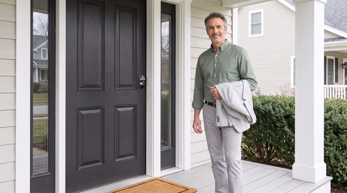 Homeowner at a black-grey front door with a KS02A keypad fingerprint deadbolt - replacing a door lock yourself