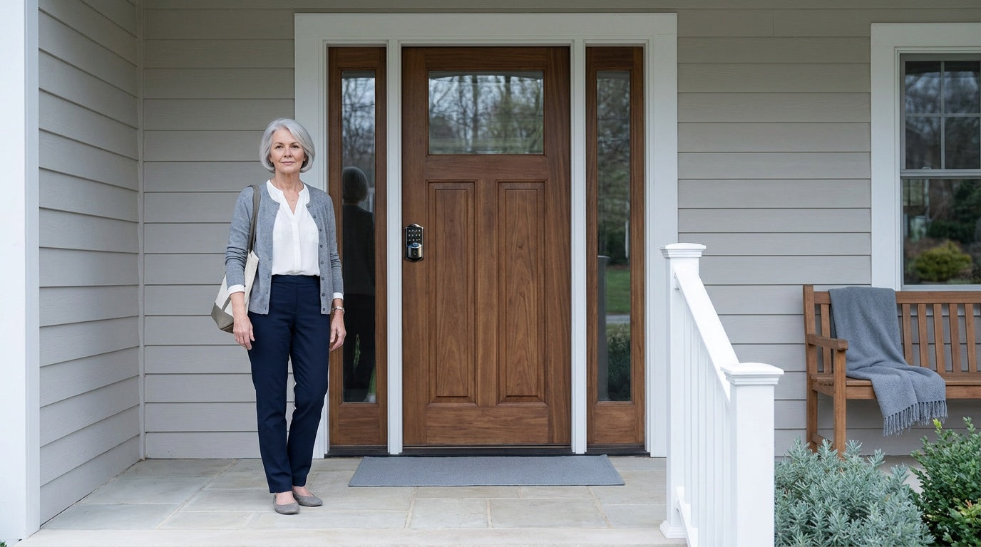 Senior woman at her front door with a Veise Wi-Fi smart lock — keyless entry supporting independent living